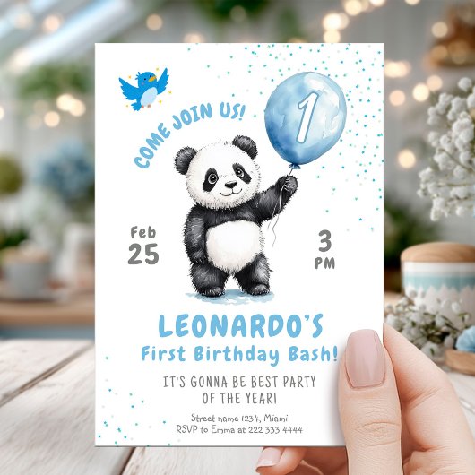 Invitation Adorable Panda Blue Balloon 1er anniversaire