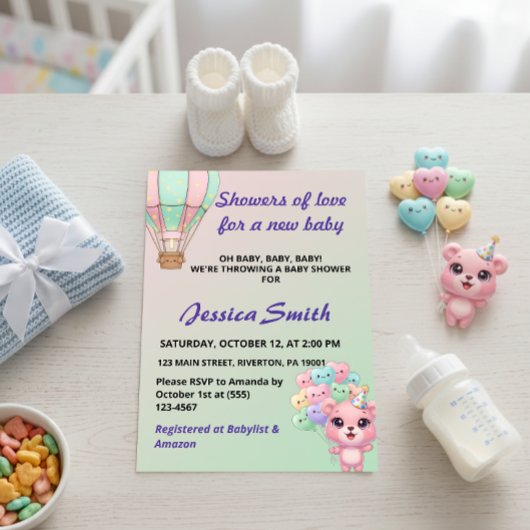 Invitation Adorable Pastel rose et Baby shower vert menthe