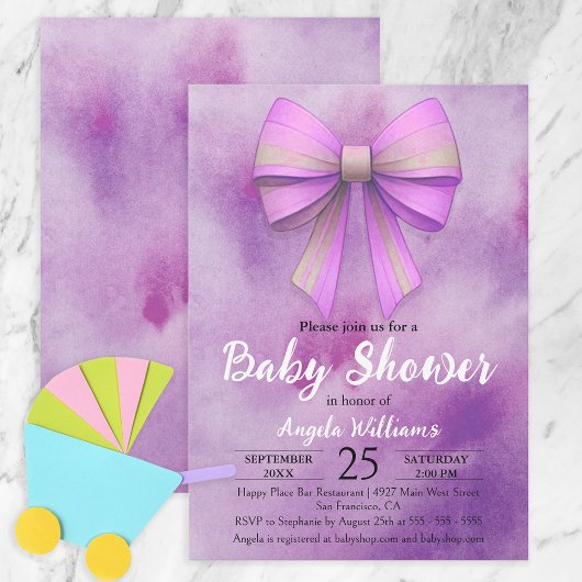 Invitation Adorable Pastel rose Lilac Bow Baby shower fille