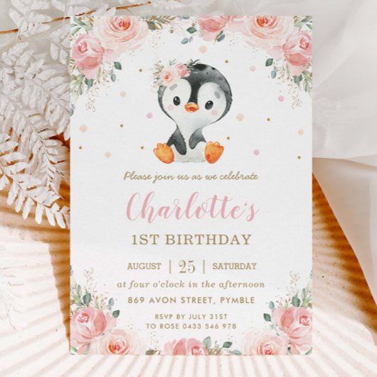 Invitation Adorable Penguin Blush Floral Girl 1er anniversair