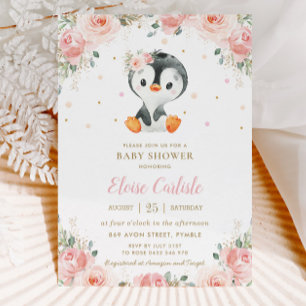 Invitation Adorable Penguin Blush Floral Girl Baby shower