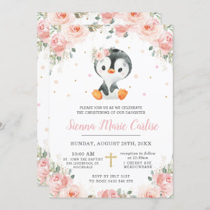 Invitation Adorable Penguin Blush Floral Girl Christening