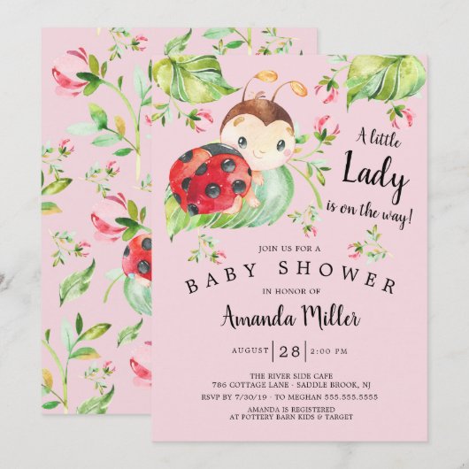 Invitation Adorable Petit Baby shower Lady Ladybug (Devant / Derrière)
