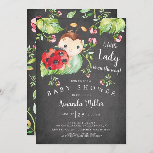 Invitation Adorable Petit Baby shower Lady Ladybug (Devant / Derrière)