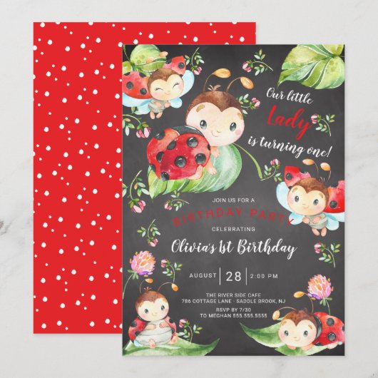 Invitation Adorable Petite Dame Ladybug 1er Anniversaire Invi (Devant / Derrière)