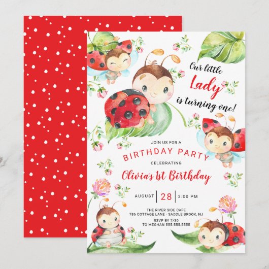 Invitation Adorable Petite Dame Ladybug 1er Anniversaire Invi (Devant / Derrière)