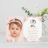 Invitation Adorable Pingouin Blush Floral 1er Anniversaire Ph (Debout devant)