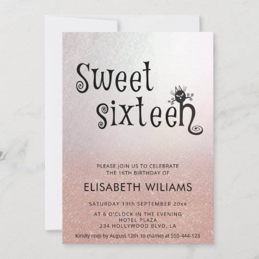 Invitation Adorable plaisir chat rose or glittery ombre invit (Devant)