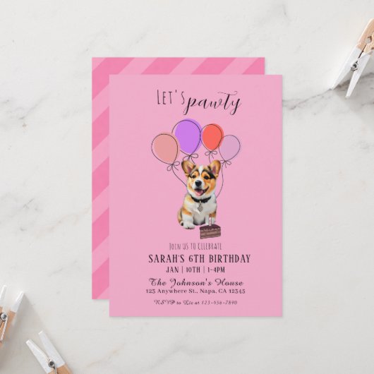 Invitation Adorable Playful Pink Corgi Birthday Customizable (Devant/Arrière en situation)