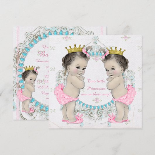 Invitation Adorable Princesse Baby shower jumeau (Devant / Derrière)