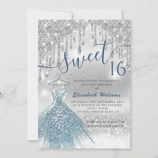 Invitation Adorable robe bleu argent gouttes d'ombre dans (Devant)