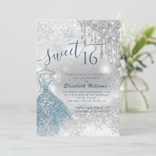 Invitation Adorable robe bleu argent gouttes d'ombre dans (Debout devant)