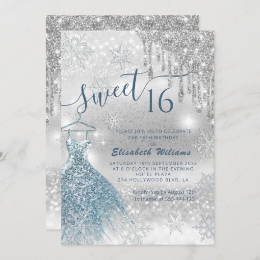 Invitation Adorable robe bleu argent gouttes d'ombre dans (Devant / Derrière)