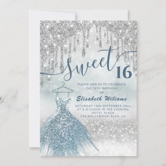 Invitation Adorable robe bleue argent gouttes de glittery omb (Devant)