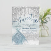 Invitation Adorable robe bleue argent gouttes de glittery omb (Debout devant)