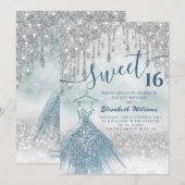 Invitation Adorable robe bleue argent gouttes de glittery omb (Devant / Derrière)