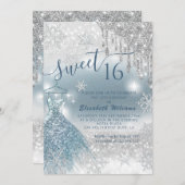 Invitation Adorable robe bleue argent gouttes de glittery omb (Devant / Derrière)