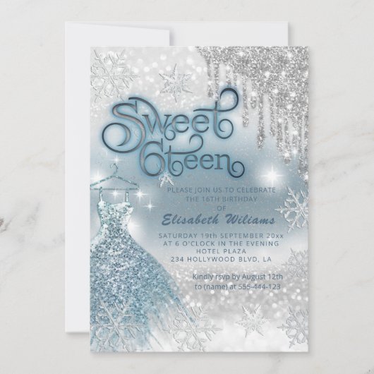 Invitation Adorable robe bleue argent gouttes de glittery omb (Devant)