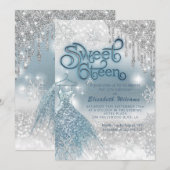 Invitation Adorable robe bleue argent gouttes de glittery omb (Devant / Derrière)