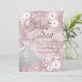 Invitation Adorable robe bokeh perle sweet sixteen floral (Debout devant)
