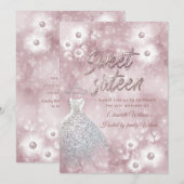 Invitation Adorable robe bokeh perle sweet sixteen floral (Devant / Derrière)