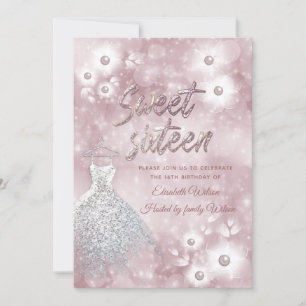Invitation Adorable robe bokeh perle sweet sixteen floral