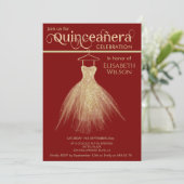 Invitation Adorable robe chic or rouge Quinceañera (Debout devant)