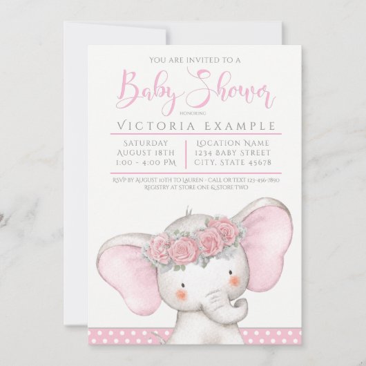 Invitation Adorable rose bébé fille Baby shower éléphant (Devant)