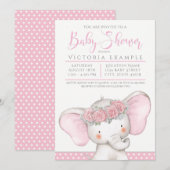 Invitation Adorable rose bébé fille Baby shower éléphant (Devant / Derrière)