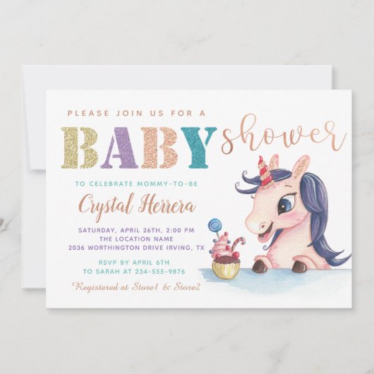 Invitation Adorable Rose Parties scintillant or Baby shower U (Devant)