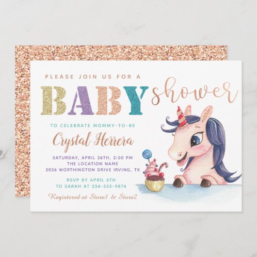 Invitation Adorable Rose Parties scintillant or Baby shower U (Devant / Derrière)
