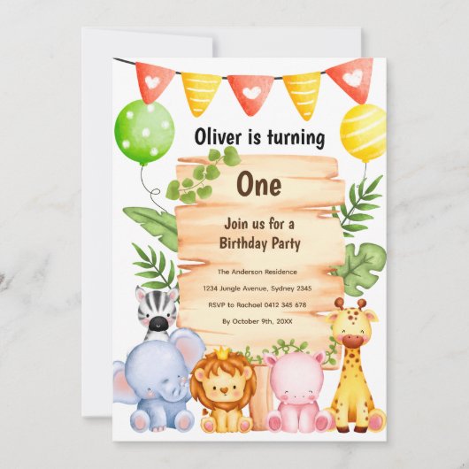 Invitation Adorable Safari Animaux avec signe en bois, Annive (Devant)