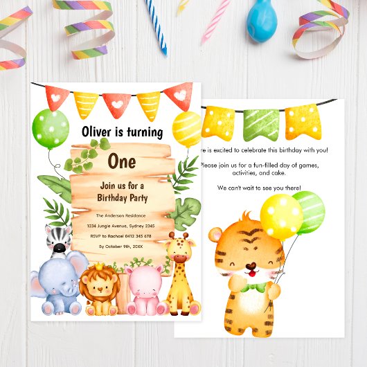 Invitation Adorable Safari Animaux avec signe en bois, Annive
