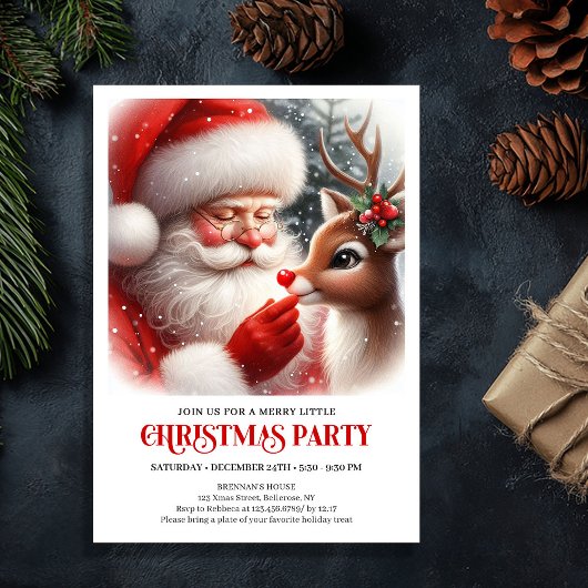 Invitation Adorable Santa and Rudolph Christmas Party Invite