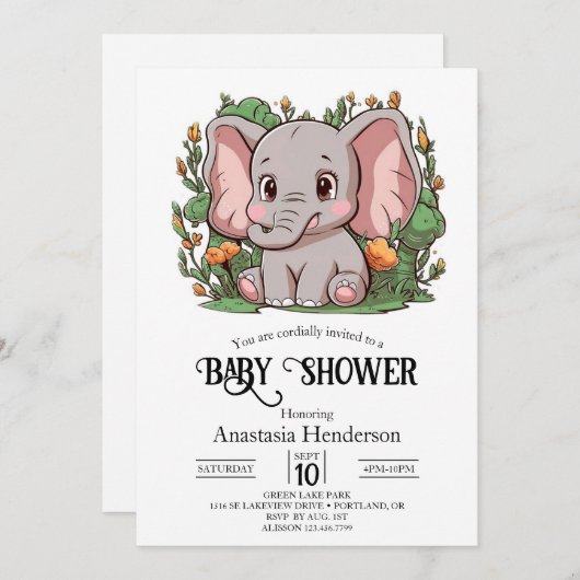 Invitation Adorable simple éléphant Baby shower numérique (Devant / Derrière)