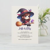 Invitation Adorable sorcière mignonne avec 2 oiseaux, Hallowe (Debout devant)