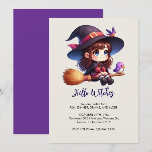 Invitation Adorable sorcière mignonne avec 2 oiseaux, Hallowe (Devant / Derrière)