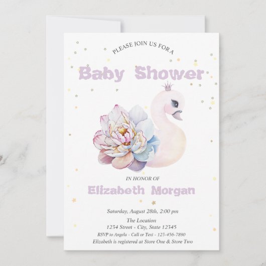 Invitation Adorable Swan Stars Baby shower Fleurs (Devant)