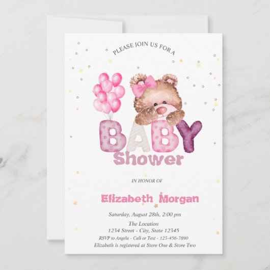 Invitation Adorable Teddy Bear Stars Baby shower Ballons (Devant)