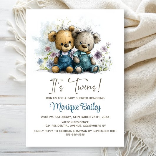 Invitation Adorable Teddy Bear Twins Baby Shower