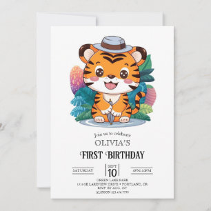 Invitation Adorable Tigre coloré 1er Anniversaire numérique