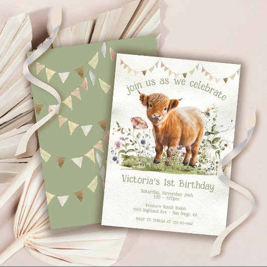 Invitation Adorable vache Highland 1er anniversaire fête