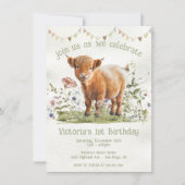 Invitation Adorable vache Highland 1er anniversaire fête (Devant)