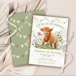 Invitation Adorable vache Highland 1er Anniversaire Fête Invi