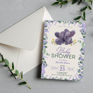Invitation Adorable violet et vert floral éléphant Showe bébé