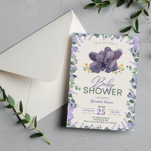 Invitation Adorable violet et vert floral éléphant Showe bébé