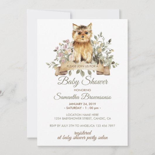 Invitation Adorable Yorkshire Terrier Baby shower de chiot (Devant)