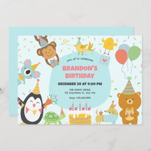 Invitation Adorables animaux de fête (Devant / Derrière)