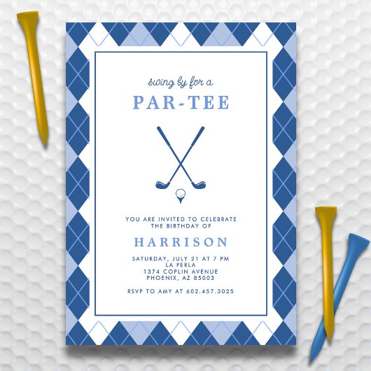 Invitation Adult Golf Birthday Modern Preppy Argyle Blue