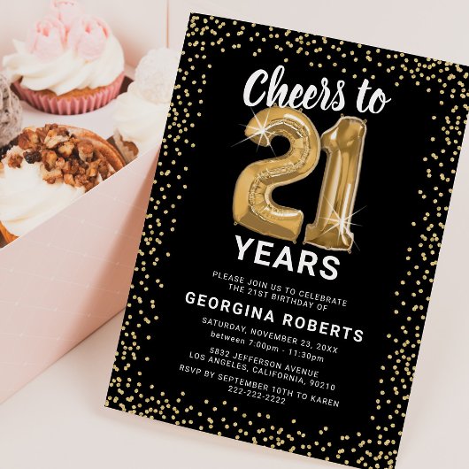 Invitation Adulte 21e anniversaire Black Gold